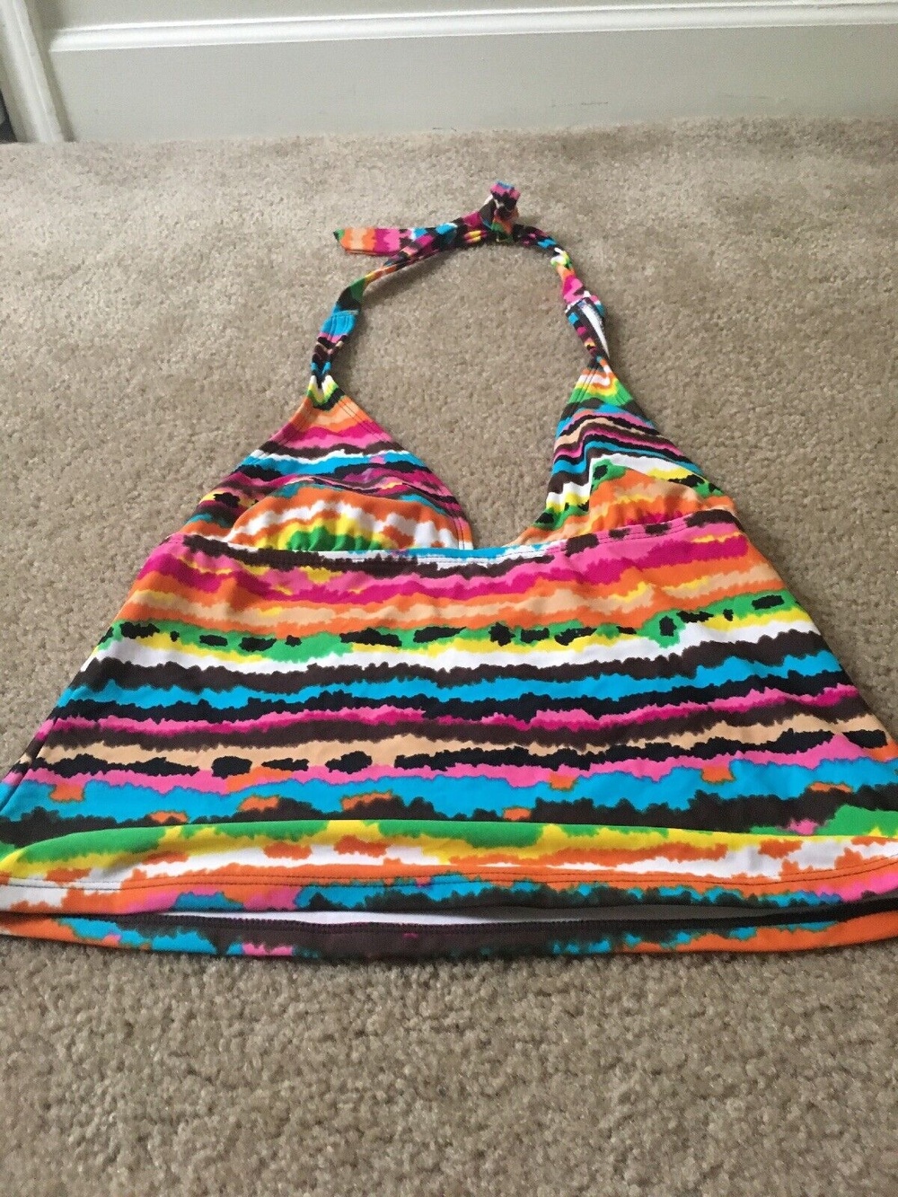 Faded Glory Striped Graphic Swim Bikini Halter Top Tie Neck Size Small Colorful